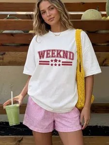 Weeknd Fun Letter Print T-Shirt, Summer Round Neck Drop Shoulder Tee, Urban Style Women's Loose Fitted Top, Minimalist Design