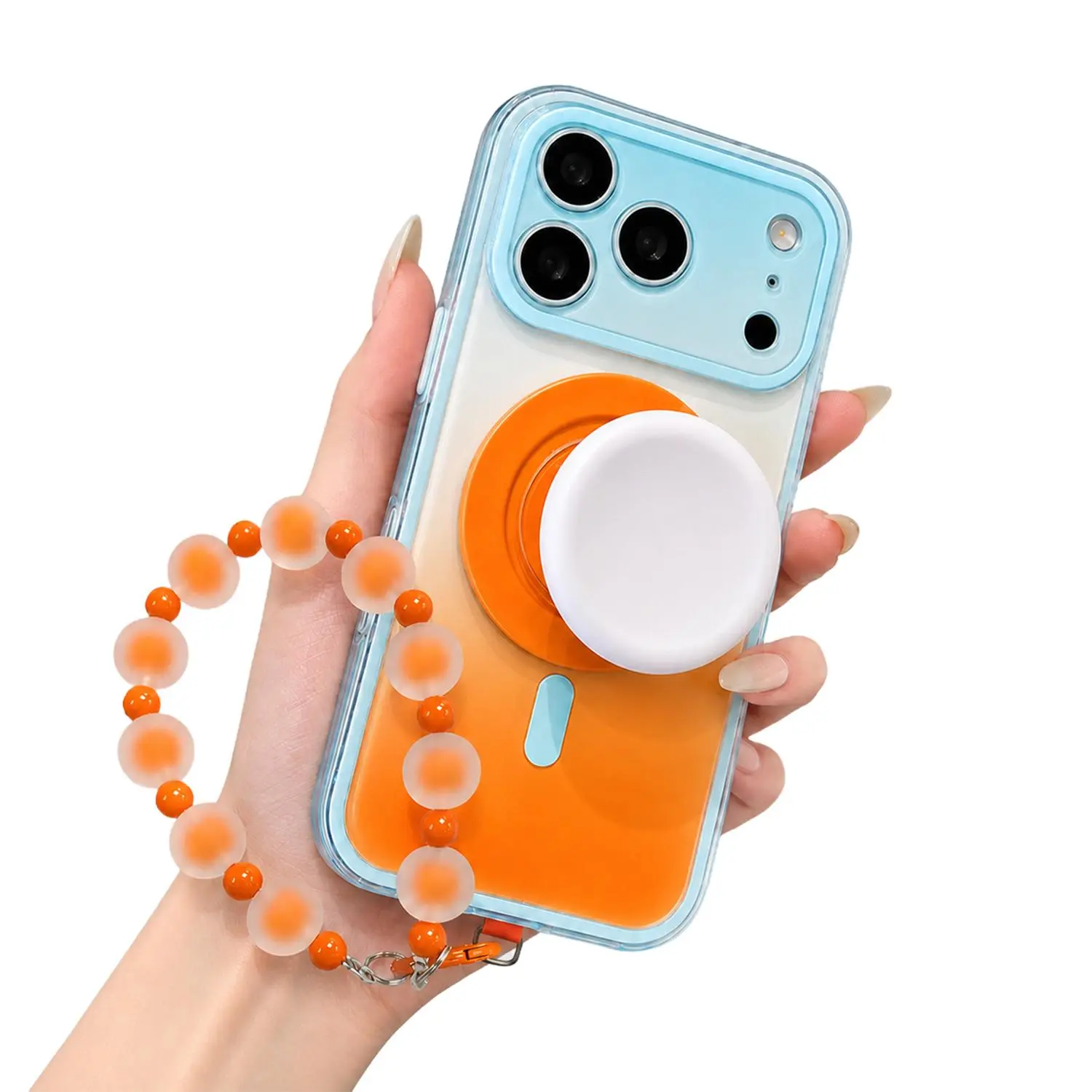 Magnetic Gradient Phone Case with Built-in Stand & Wrist Strap, Dual-Tone Design, Compatible with MagSafe Charging, Full Camera Protection, Magnetic Pop-Socket Stand