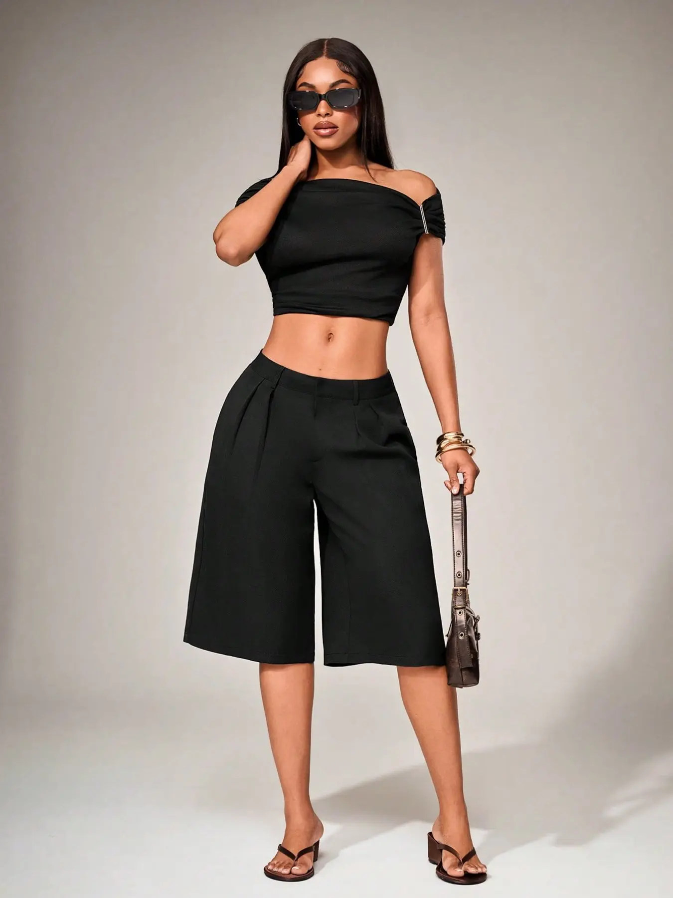 Summer Women's Casual Bermuda Shorts, Fashion Mid-Low Waist Loose Wide Leg Pants, Vacation Simple Versatile Formal Shorts