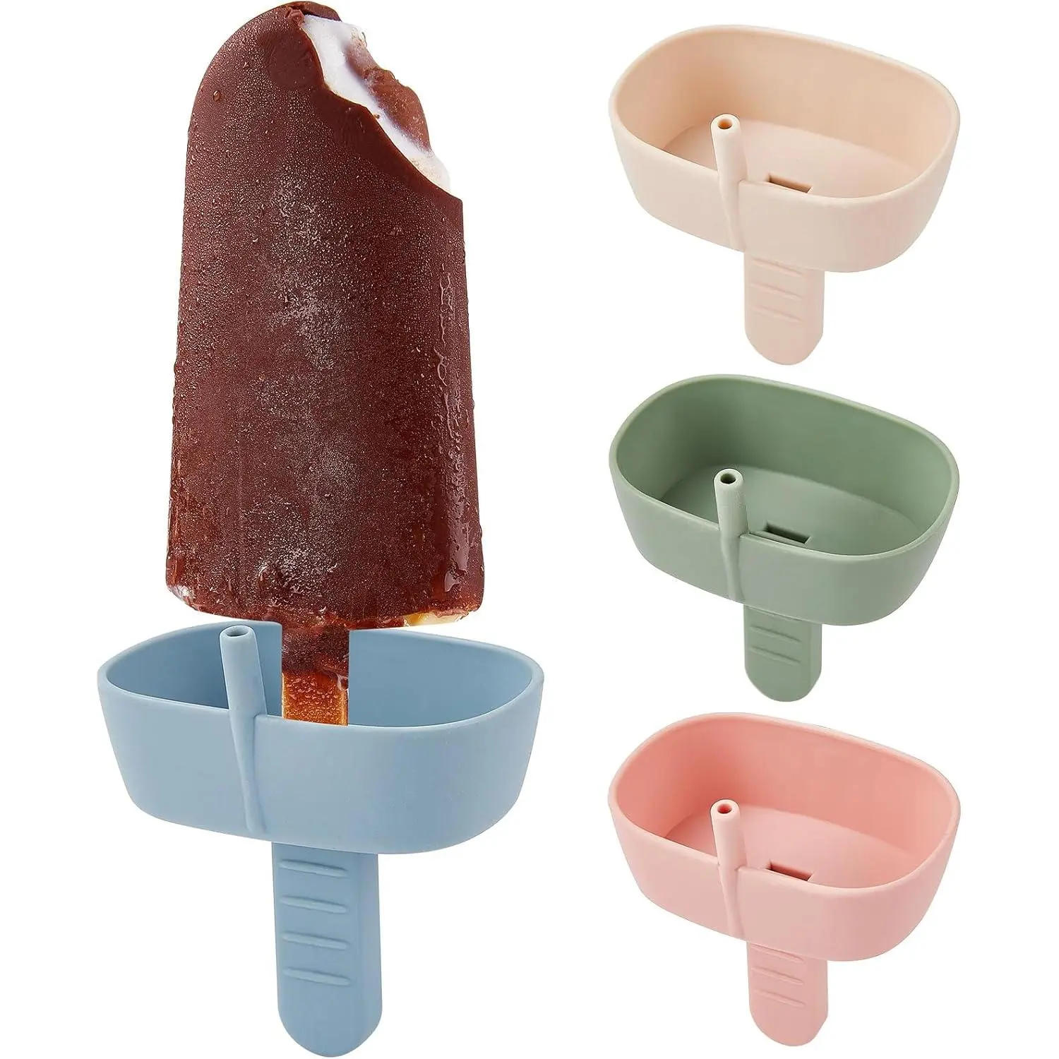 4Pack Drip-Free Silicone Popsicle Holders, Popsicle Holder with Straw | with 2 Slots Fit Standard & Wide sized sticks Drip Free Popsicle Stick Holder Popsicle Drip Catcher