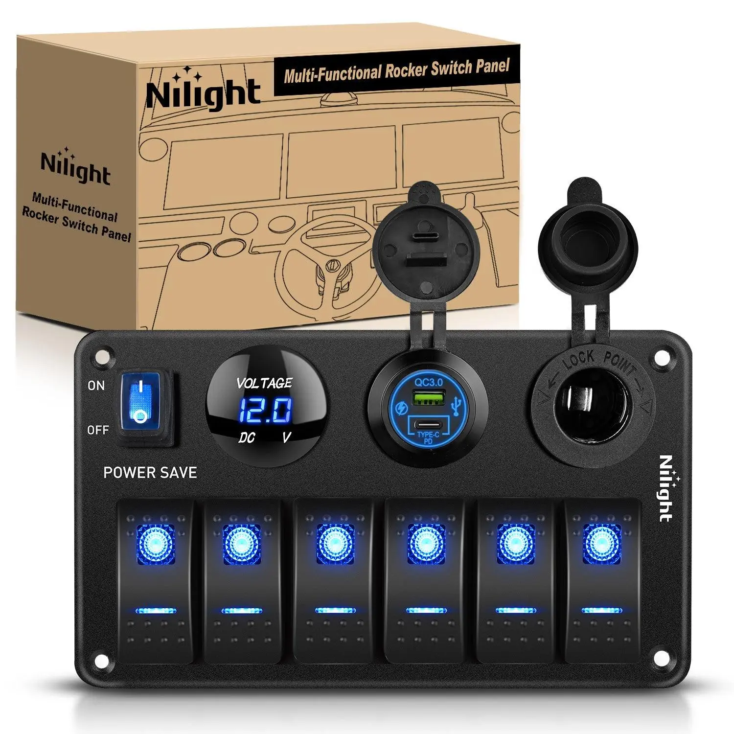 Nilight Pre-Wired 6 Gang Rocker Switch Panel - Waterproof Aluminum Power Control Marine Panel with PD Type-C, USB, Cigarette Lighter Socket, Voltmeter, 2 Sets of DIY Stickers, Dual LED Design, Heat Resistant PC for 12V-24V Cars, Boats, RVs