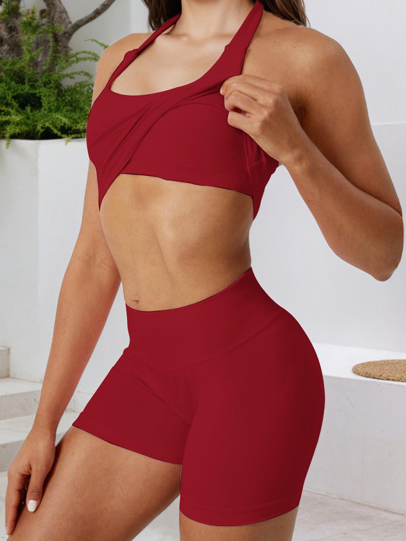 Two-Piece Set Women's Solid Color Halter Top & High Waist Shorts Sports Set, Sporty Comfy Breathable Quick Drying Outfits for Yoga Gym Workout Running, Ladies Sportswear for Summer