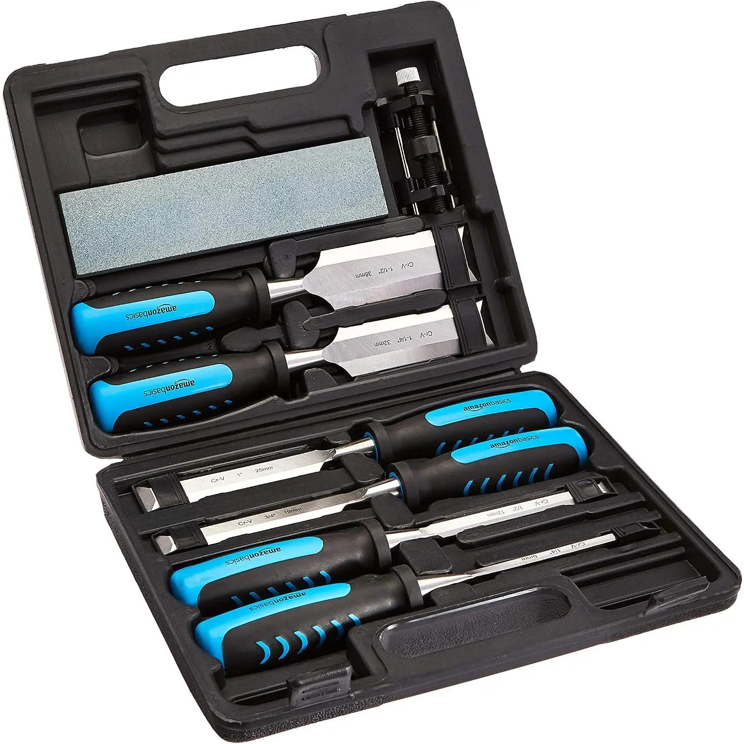 8-Piece Multi-Size Wood Chisel Set (1/4"-1-1/2" in) for Woodworking Carving Tasks, Contoured Grip, Honing Guide, Sharpening Stone, Storage Case – Hand Tool Kit for Wood Surfaces