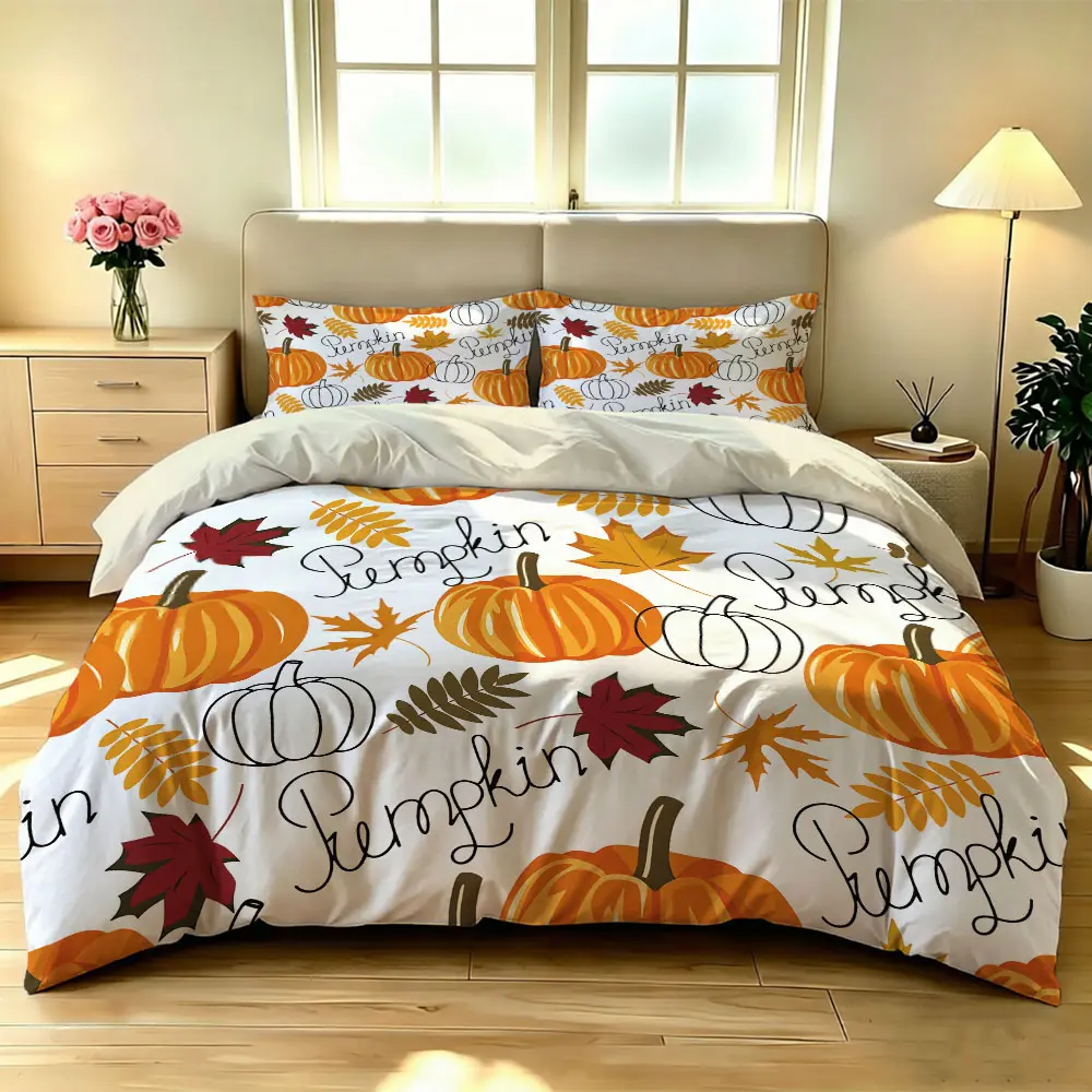 3-piece bedding set (1 duvet cover + 2 pillowcases, no insert) with orange pumpkin and maple leaf print, Decorative theme bedding set, a soft and comfortable bedding set suitable for all rooms and all seasons. A lovely room decorating gift.