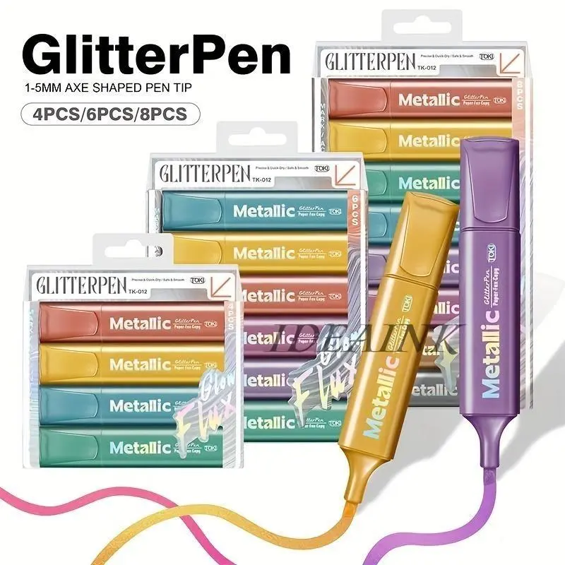 【Back to School】Sparkle Metallic Highlighter Markers, 4-Color Essential Combo/8-Color Best Value Bundle, 4/6/8 Packs Options, Quick-Dry Non-Toxic Pearlescent Ink, Dual Chisel Tips, for Journal, Painting, Signatures, Metallic Glitter