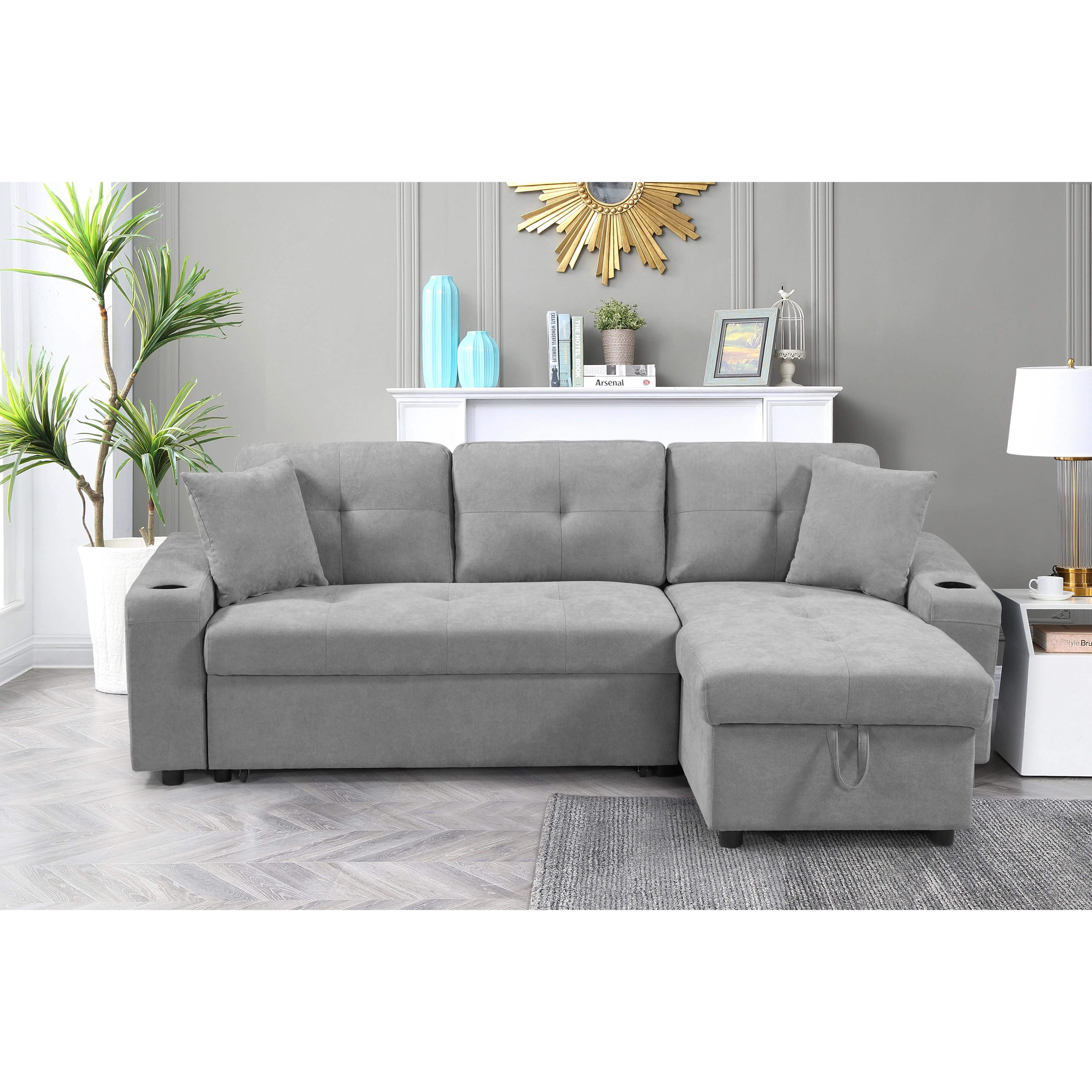 ARCH MEGA Convertible Corner Sectional Sofa with Armrest Storage, Right Chaise Longue, Living Room Apartment Couch, Grey Upholstered L-Shaped Sofa for Small Spaces, Modern Furniture, Living Room Furniture for Apartment, Lounge, Family Room