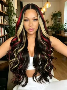 Black Red Blonde Highlight Wavy Wig 13x4 Lace Front Wigs Money Piece Highlight Wig Pre-Plucked Hairline Skunk Stripe Highlight Body Wave Wig Heat Resistant Synthetic Wig Lace Frontal Wigs for Women Daily Wear Party Festival 28 Inch