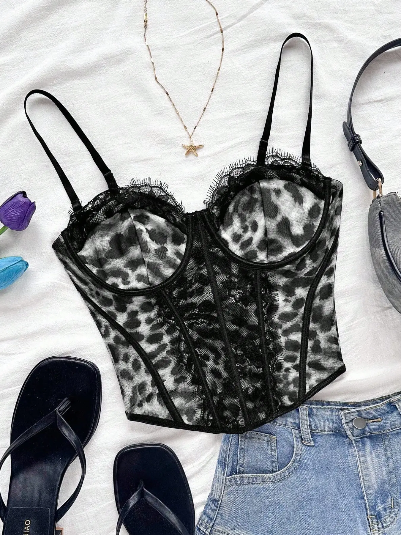Sexy Leopard Print Lace Bodysuit, Thin Straps Shapewear Top, Slim Fit One-Piece, Nightclub Style, All Seasons, Plain Surface, Unlined