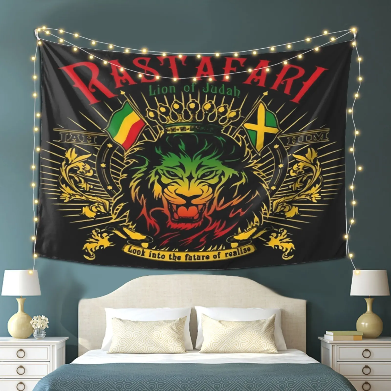 1pc Rastafari Judah Lion Tapestry - Reggae Style Ethiopian Colors, Crown And Rastafarian Elements Design, Peach Beige Fabric, Horizontal Home Decor for Living Room, Bedroom, Office, Dorm - No Power Needed, Lion Wall Art, Reggae Inspired Pattern