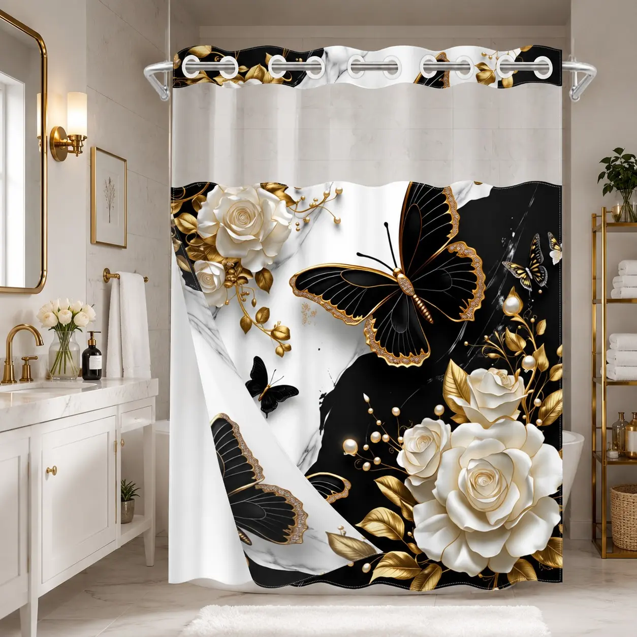 1 Piece No Hook Double Layer Shower Curtain, Decorative Shower Curtain, Black Gold Rose & Butterfly Print Bath Curtain, Waterproof, Mildew Resistant, Durable Fabric, Home Decor, Removable Liner, Top See-Through Window, 71"×74