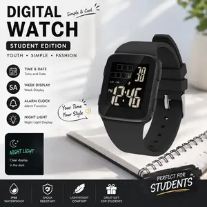 Student-friendly waterproof square digital watch with a large screen, alarm function, and glow-in-the-dark display. IP68-rated water resistance makes it suitable for swimming, daily use, sports, and as a gift; stylish and practical.