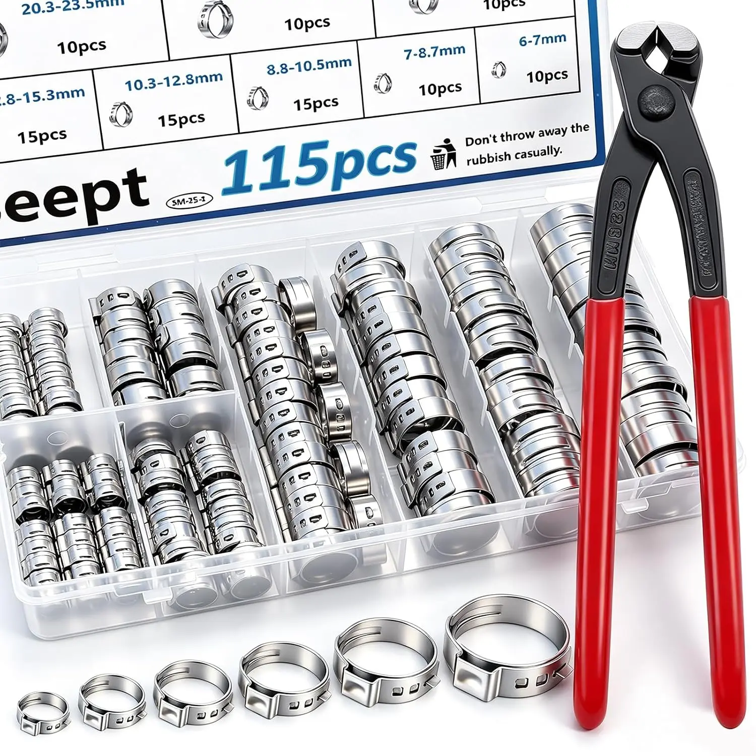 115Pcs 10-Sizes 304 Stainless Steel Single Ear Hose Clamps with Ear clamp plier 6-28.6mm Crimp Hose Clamps Assortment Kit for Auto/Home Appliance/Pipe/Fuel Line Stepless hose clamp with pincer