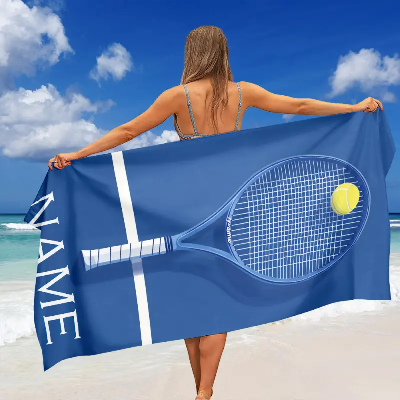 Custom Name Tennis Racket Print Rectangular Thick Cotton Contemporary Character Microfiber Beach Towel - Quick-Dry, Absorbent, Machine-Washable, Ultra-Portable, Body Dryer - Ideal for Summer Beaches, Sports Lovers, Dry in Shade, Hotel Stays, Lounge
