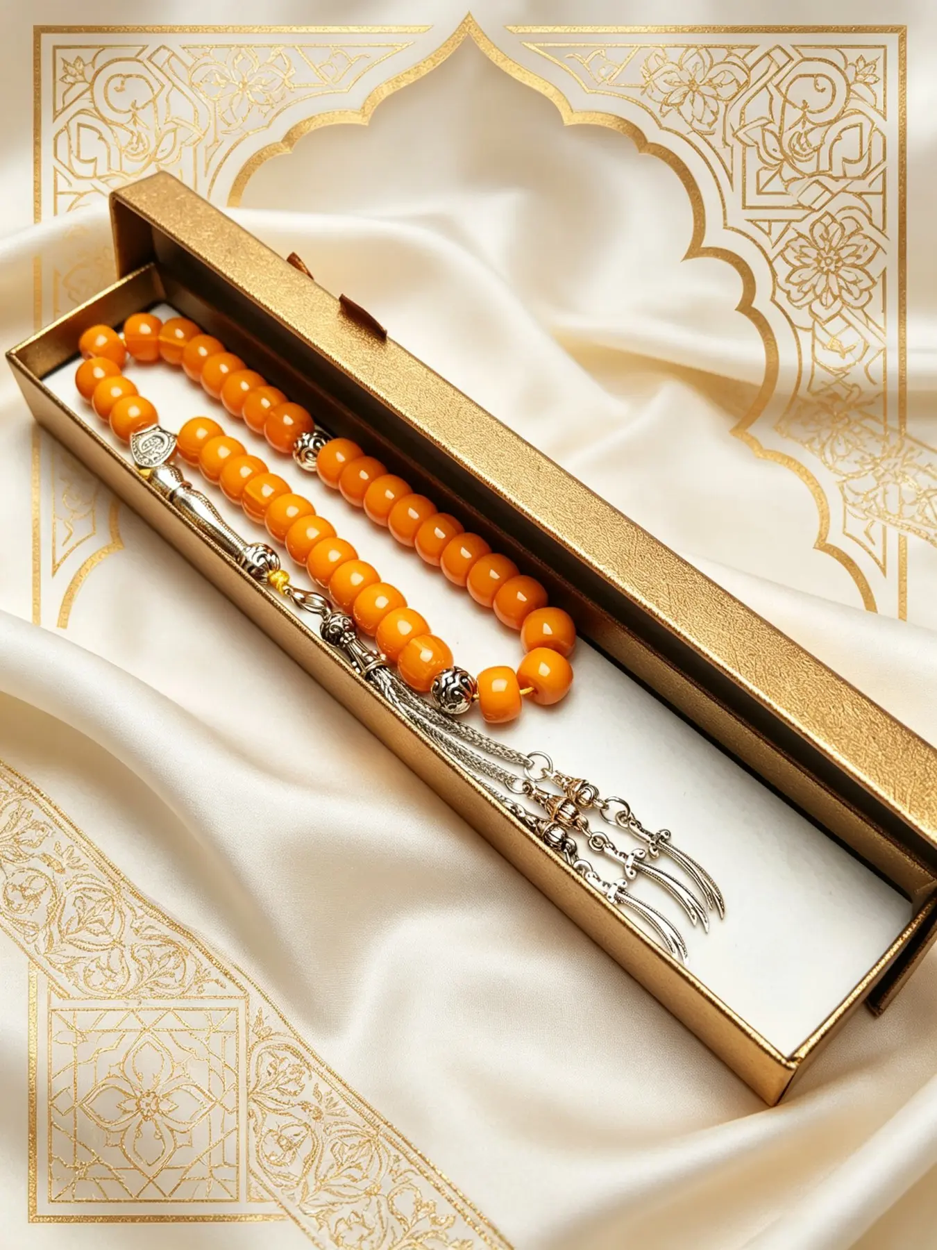 33 Amber Prayer Beads with Arabic Dagger Pendant, Handmade Islamic Rosary, Tasbih Counter, Ramadan Gift, Middle Eastern Design