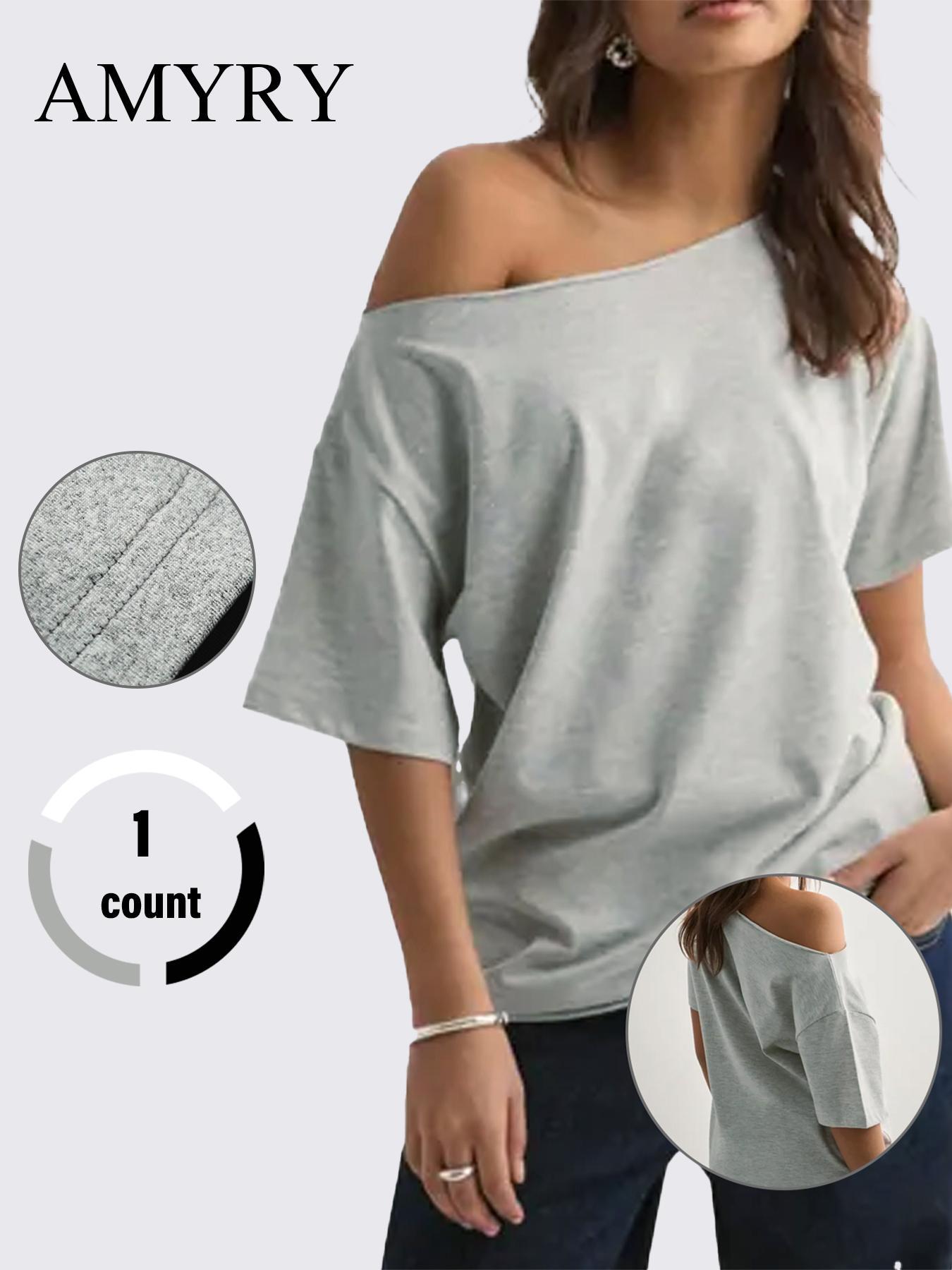 Women's Solid Asymmetrical Neck Tee, Casual Loose  T-shirt for Daily Wear, Ladies Clothes for All Seasons, Top