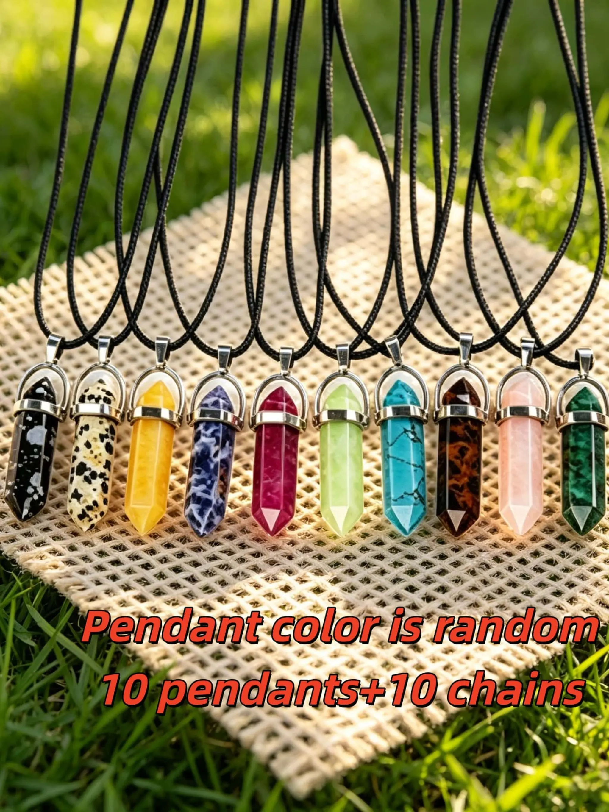 20 piece set of mixed color hexagonal natural crystal stone necklace, original stone pendant, black wax rope adjustable necklace, handmade DIY jewelry accessories for student couples, versatile healing crystal accessory gift (10 pendants+10 chains)