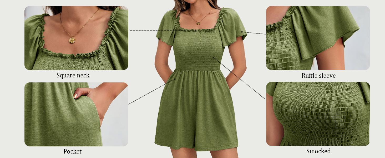 Imily Bela Womens Summer Smocked Romper Ruffle Sleeve Square Neck Flowy Short Jumpsuit Beach Vacation Outfits