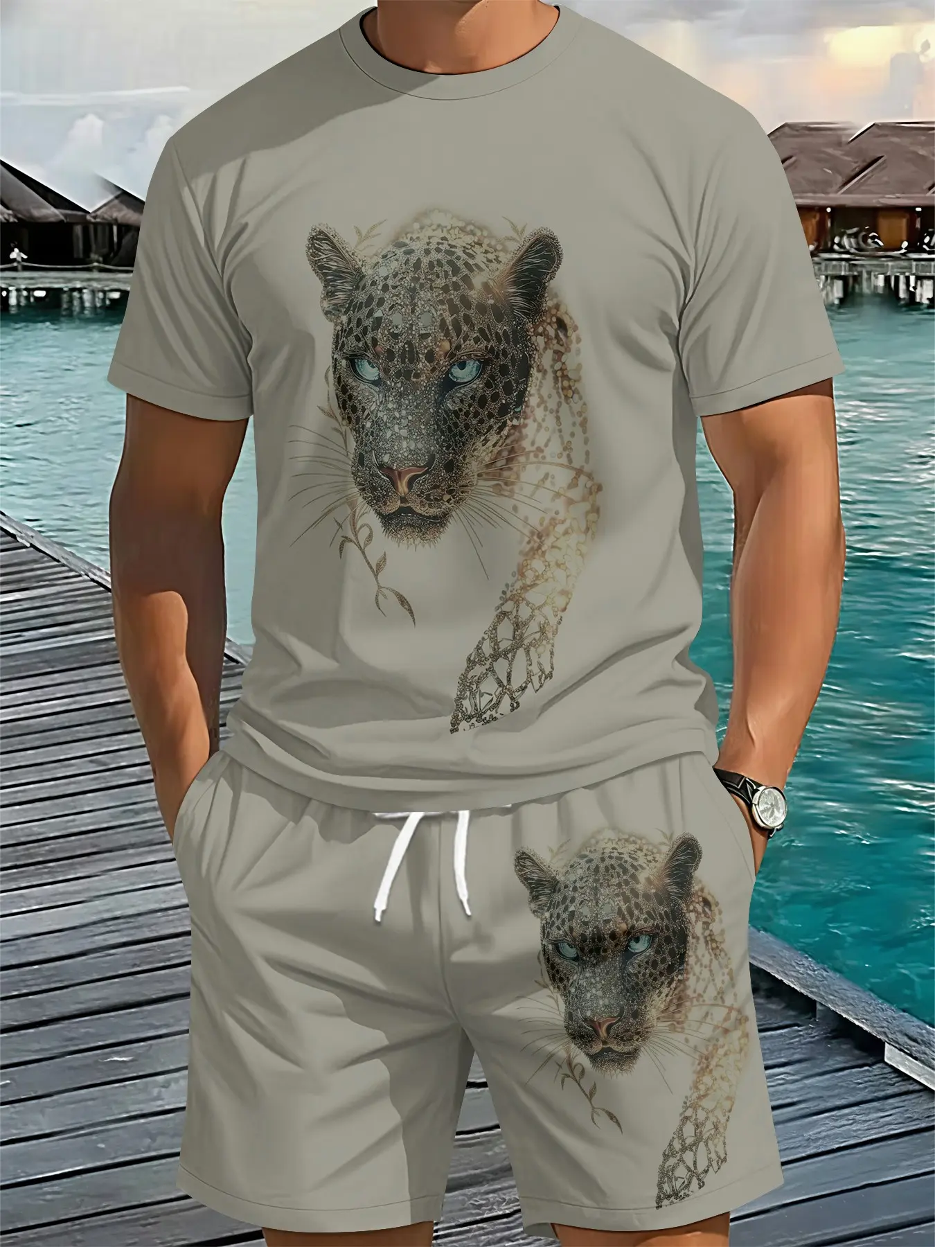 Two-piece set with 3D digital print featuring light gray base, gilded vines, blue floral patterns and leopard print for head portraits, 2 pieces, trendy fashion suit, trendy retro casual two-piece set, trendy vacation-style outfit, breathable sporty casua
