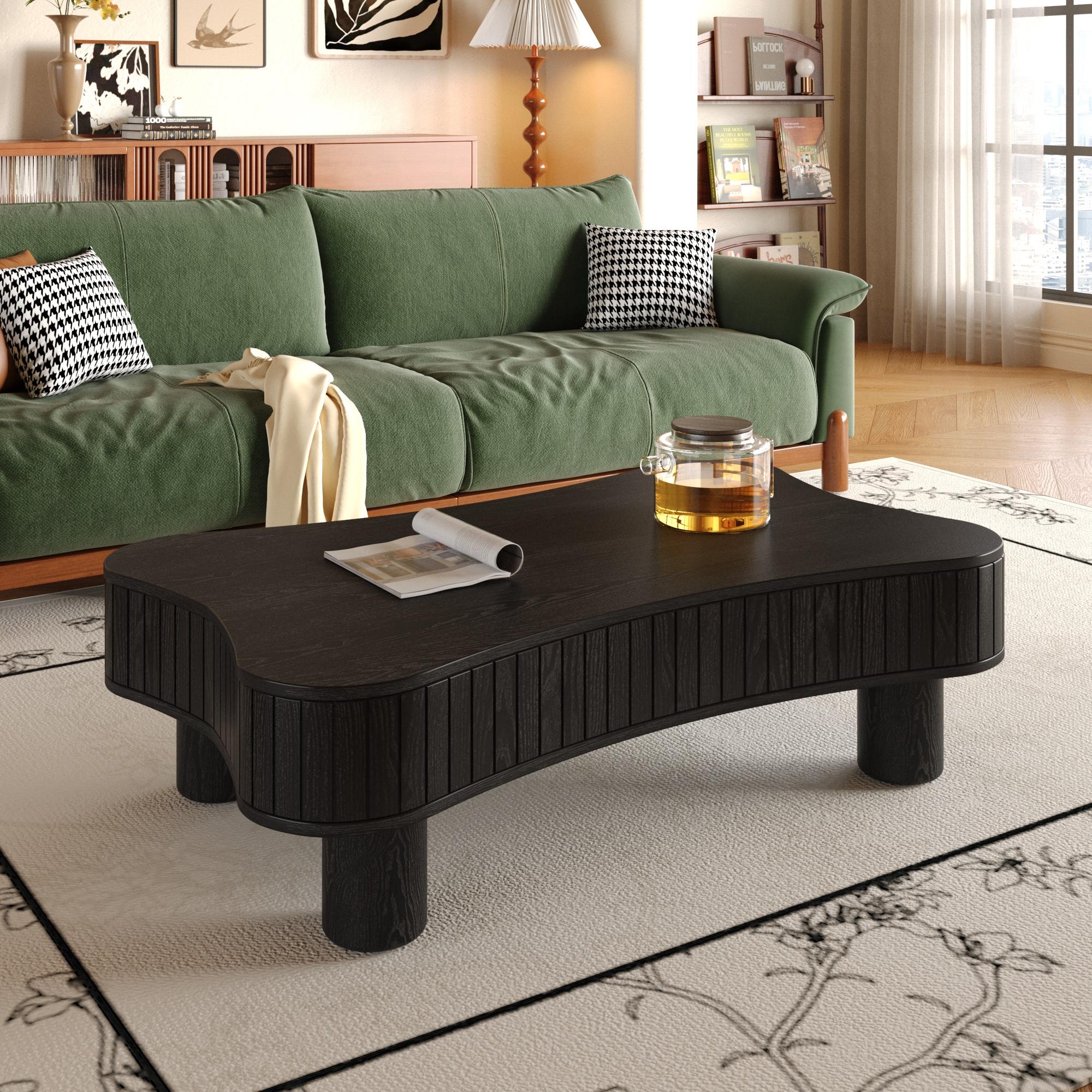 Lift Top Coffee Table for Living Room 42" - Fluted Panel Hidden Storage, Silent Hydraulic Lift, Curved Safety Corners, 5 Min Assembly (27"W x 13-18.9"H, Black)