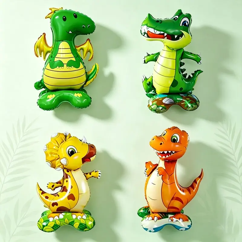5pcs Standing Dinosaur Crocodile Base Aluminum Foil Balloons, Cartoon Flying Dragon,Alligator, Triceratops, T-Rex, Suitable for a dinosaur-themed birthday party，children’s amusement park decoration，Animal Science Popularization Themed Event Setup
