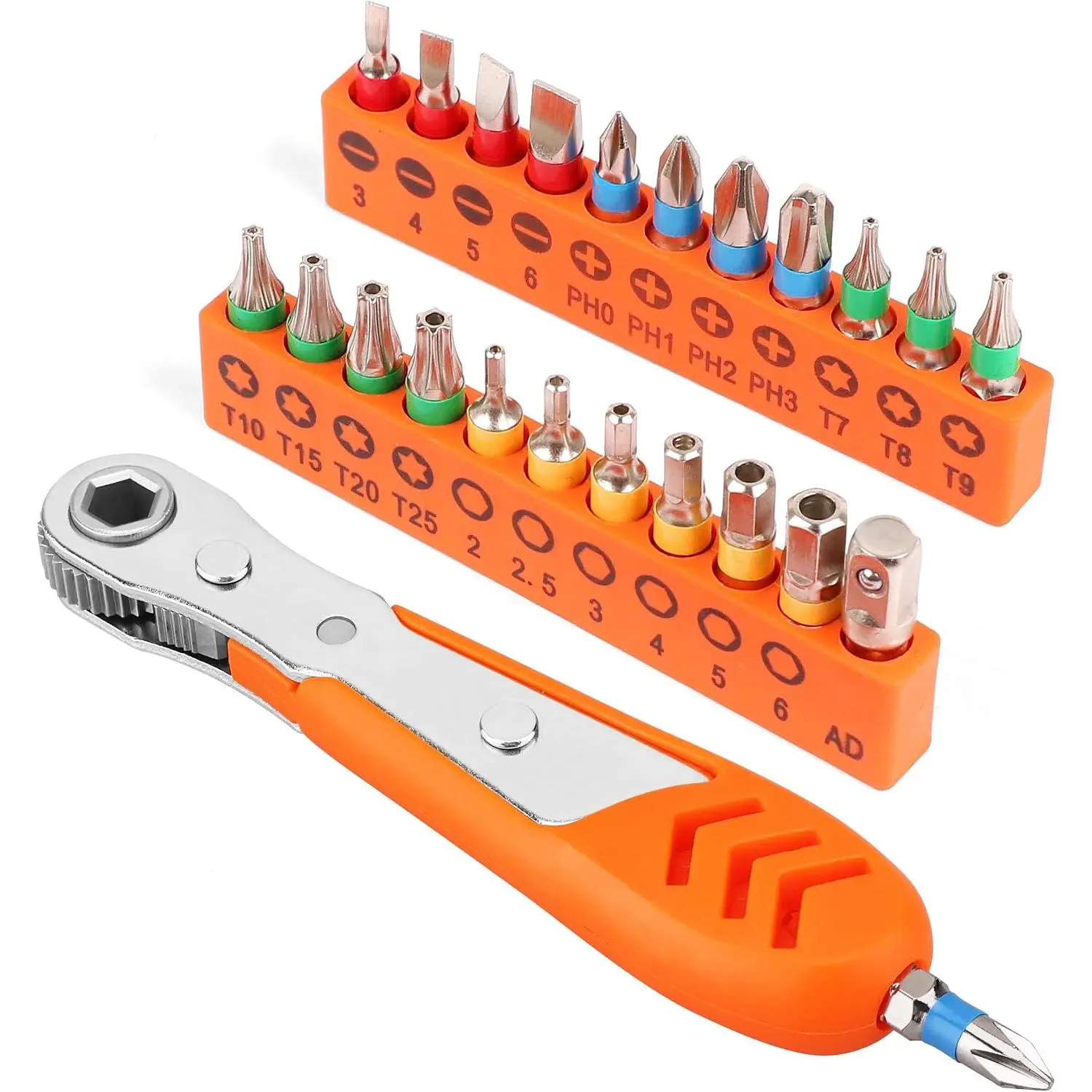 23 count 1/4" Ultra Low Profile Mini Ratchet  Set – Tamper Resistant  Bits, 90  Right Angle Offset Reversible Drive Handle, High Torque Close Quarters Tool with Multi Hex Bits