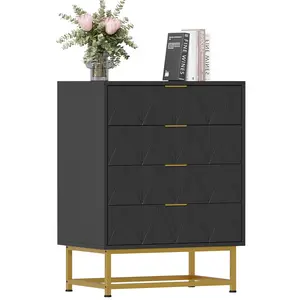 4-Drawer Tree-Grain Dresser with Metal Legs and Gold Handles. Modern Storage for Bedroom, Living Room, or Entryway. Available in White or Black.