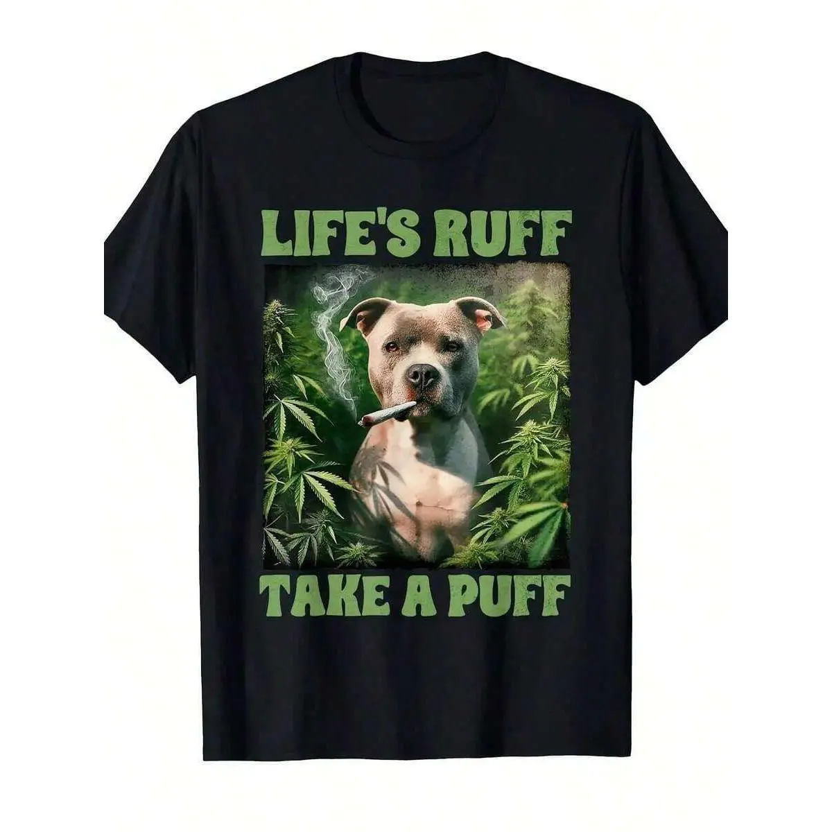 Graphic TeesPitbull Breathing 420 Life'S Ruff Take A Puff T-Shirt |     Cool Design, Street Trending Style, Comfortable, Round Neck, Same Gender Design,