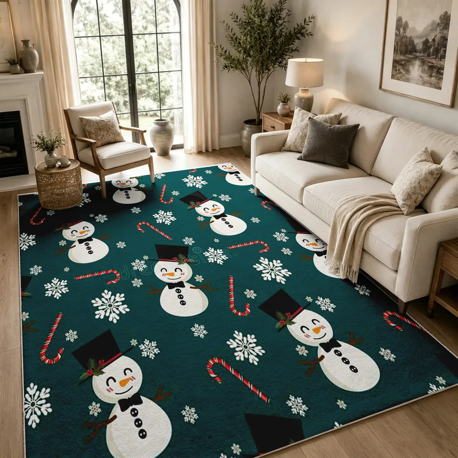 Whimsical Winter Snowman Rug - Dark Teal & White Motif, Cozy Faux Cashmere, Machine Washable Non-Slip Multi-Size Carpet for Bedroom, Living Room, Holiday Christmas Home Decor Gift
