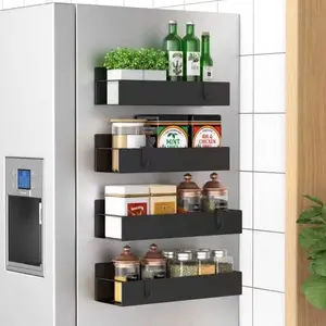 Metal four-piece magnetic spice storage rack, suitable for refrigerators and ovens, black refrigerator organizer and storage rack
