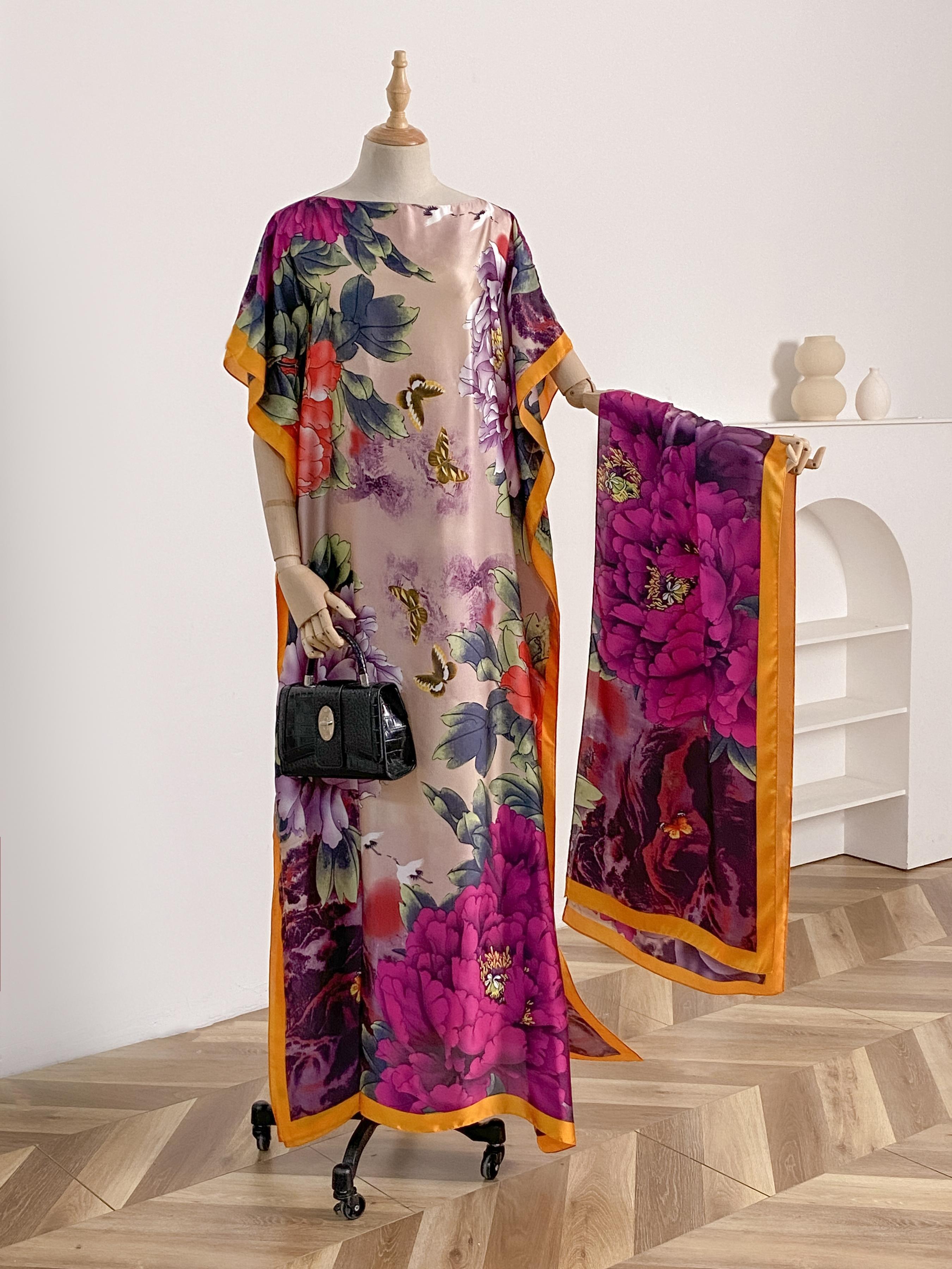 Women's Fashion Print Long Robe Set, Matching Moomoo Dress + Scarf Headband, Casual Woven Fabric, Thin All-Season Wear, Beach Sun Protection