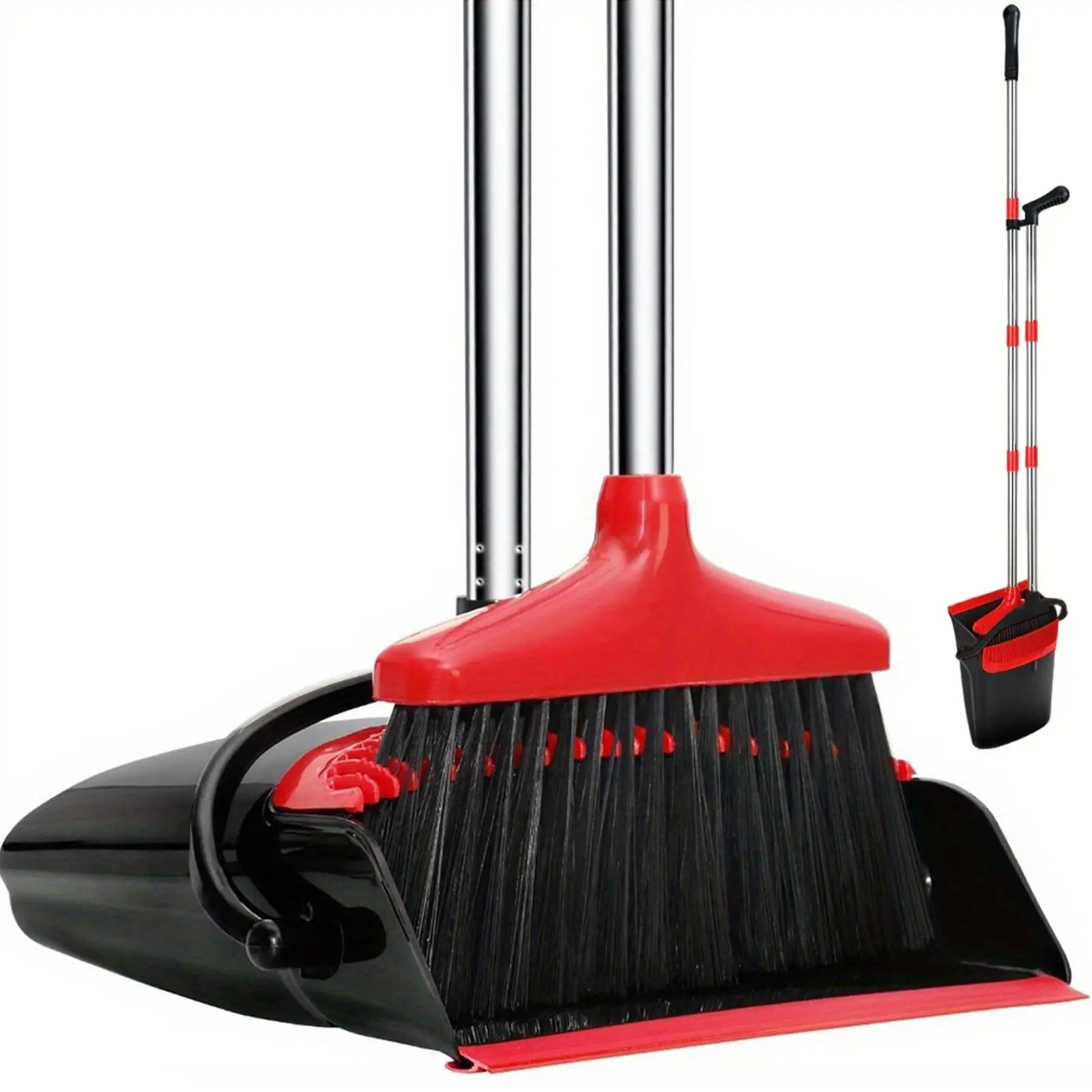 Dust Pan and Broom/Dustpan Cleans Broom Combo with 46" Long Handle for Home Kitchen Room Office Lobby Floor Use Upright Stand Up Broom and Dustpan Set - Black/Red