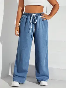Women's Light Blue Washed Jeans, Elastic Waist Adjustable Drawstring Wide Leg Pants, Loose Fit Straight-Leg Jeans, Casual Retro Style, All Seasons