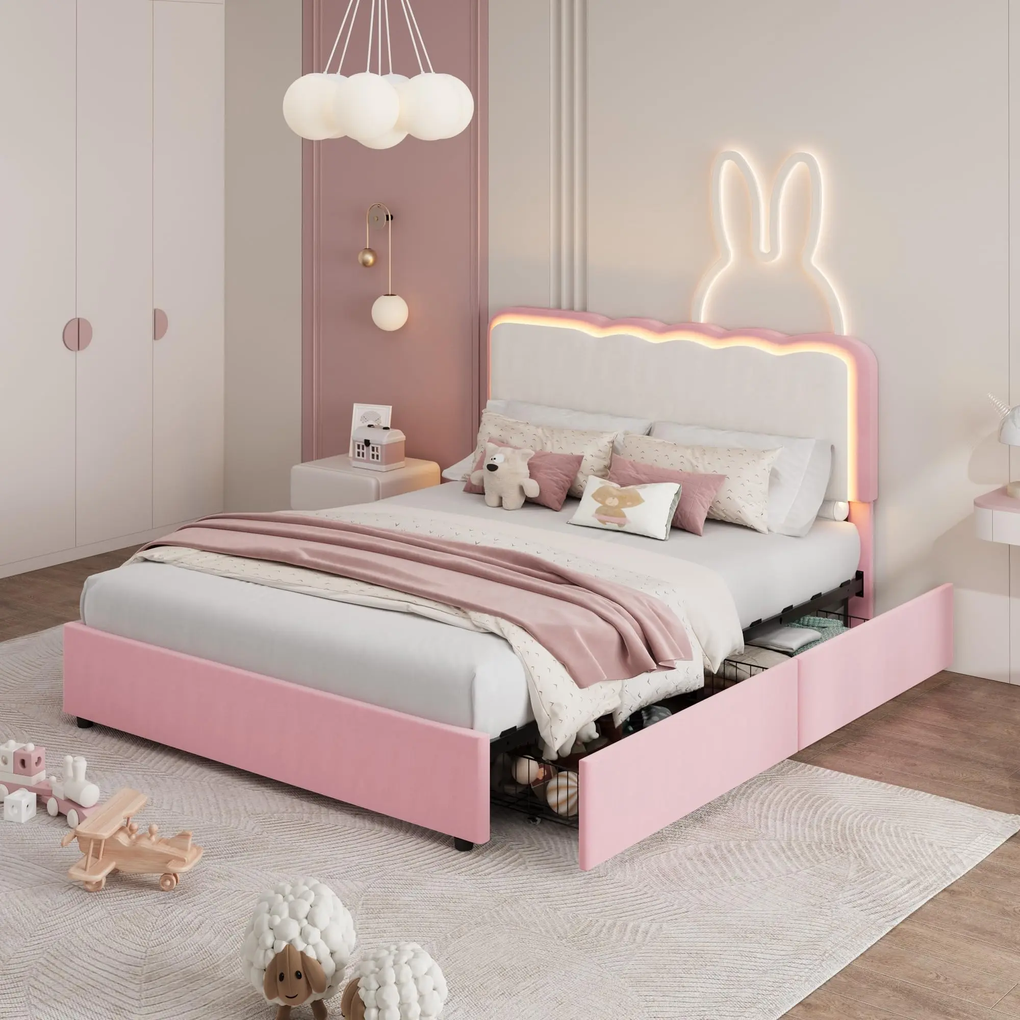 Modern Princess Style Queen LED Platform Bed Frame - Adjustable Velvet Wave Headboard - 2 Storage Drawers - Heavy Duty Metal & Wood Support - Silent, Sturdy & No Box Spring Needed - Easy Assembly - Ideal for Kids, Teens, Girls, Boys