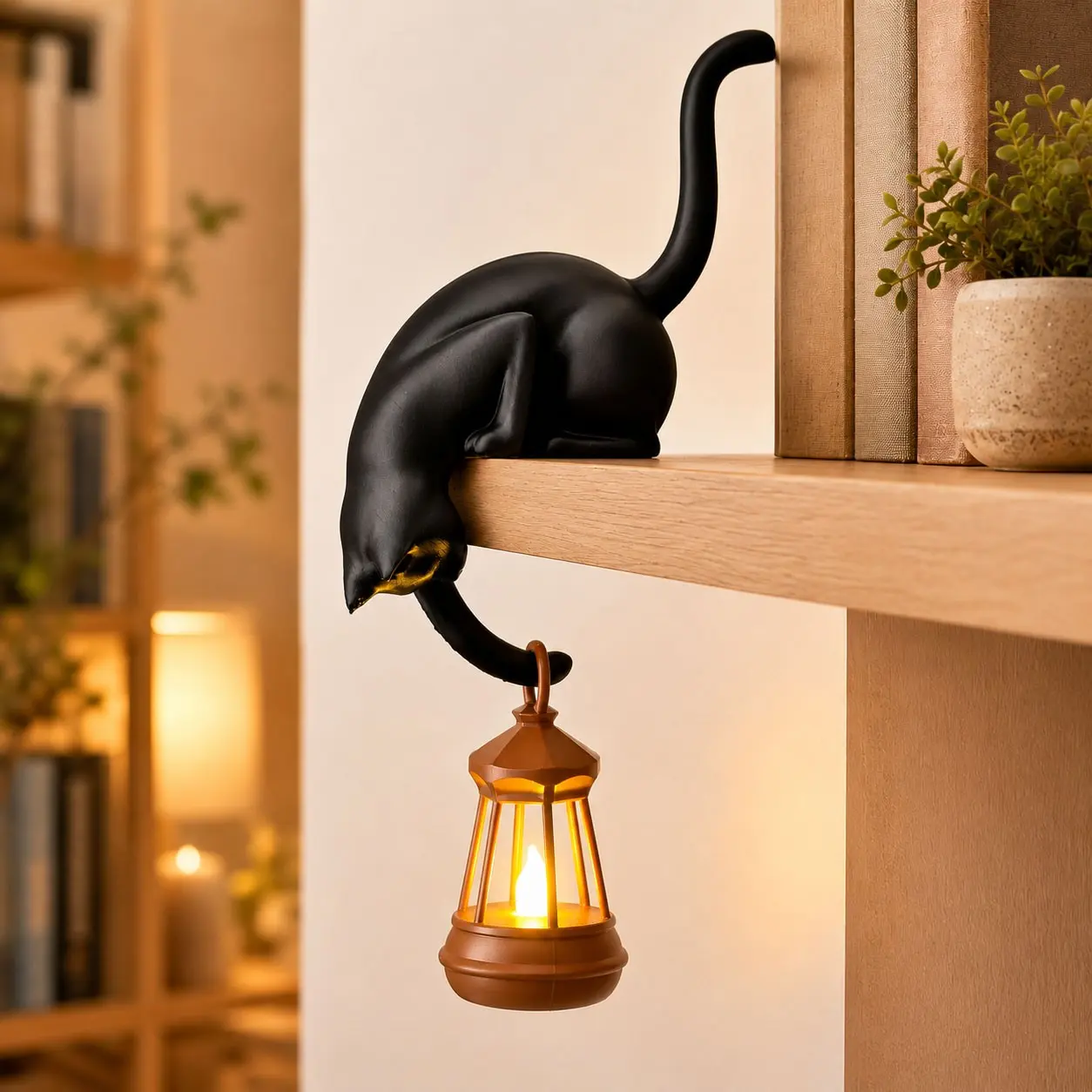 Black Cat Shelf Sitter with Flickering Lantern, Gothic Bookshelf Decor, Dark Figure Decor, Spooky Halloween Home Decor, Cozy Reading Nook, Cat & Book Lover Gift