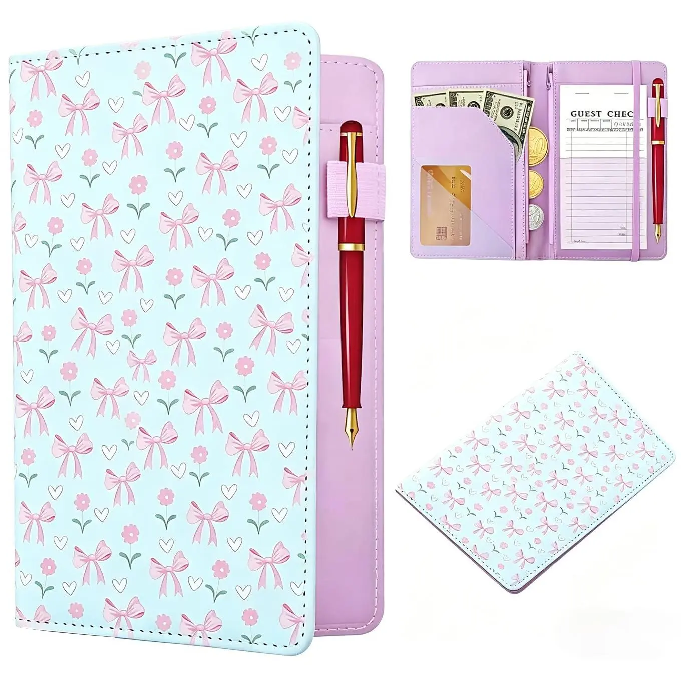 PU Leather Synthetic Server Book Organiser with 2 Zippered Pockets, Elastic Closure & Quilted Stitch - Convenient Waitstaff Order Pad Holder for Writing Pad, Tips, Cards - Fits Server Apron, Guest Check Book for Waitress, Compact