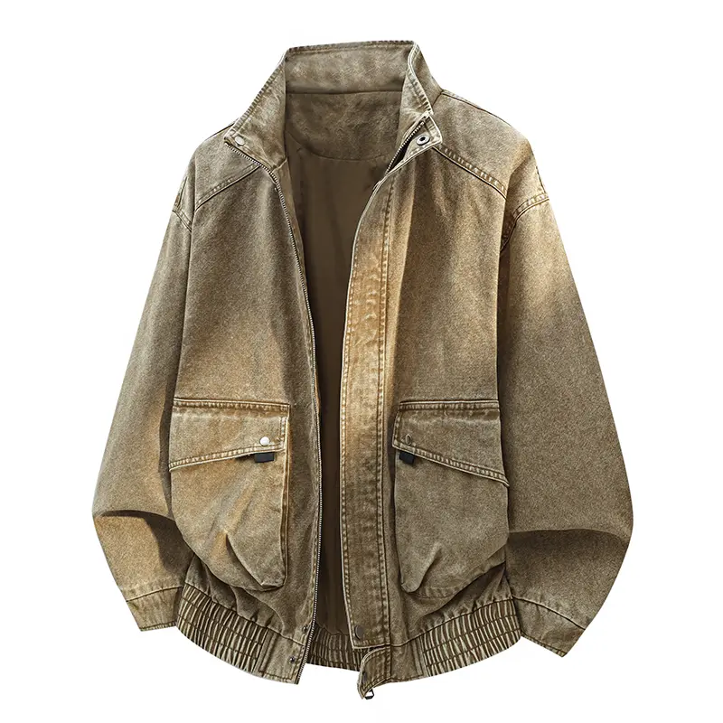 Men’s 100% Cotton American‑vintage washed stand‑collar workwear jacket for autumn, big cargo patch pockets, elastic hem design, fashion‑forward and versatile outerwear. Perfect for daily looks, casual hangouts and urban street‑style outfits. # sohochic
