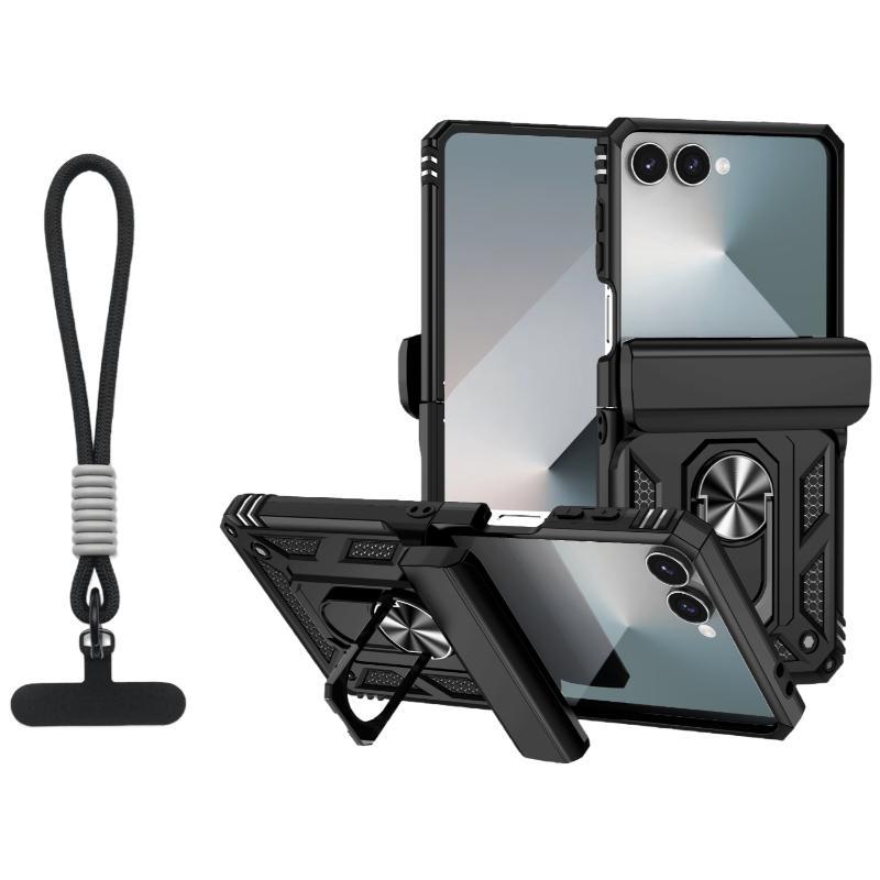 360 ° Rotating Metal Car Bracket Ring Solid Color Armor Lanyard Phone Case For Samsung Galaxy Z Flip 7 6 5 4 3 Protection Cover