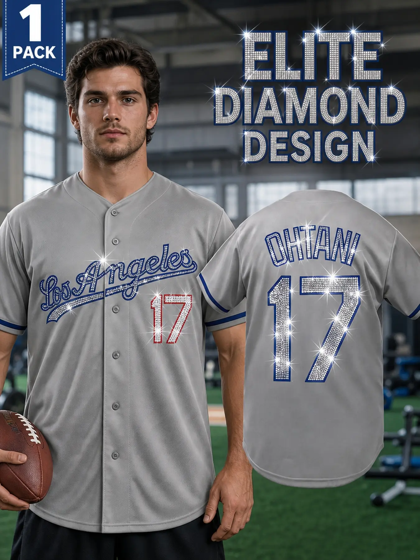 Men's Los Angeles City Baseball Jersey, Number 17 Rhinestone Bling Button Down Short Sleeve Shirt, Sparkle Athletic Top for Baseball Fans, Party & Street Fashion, Casual Sports Top