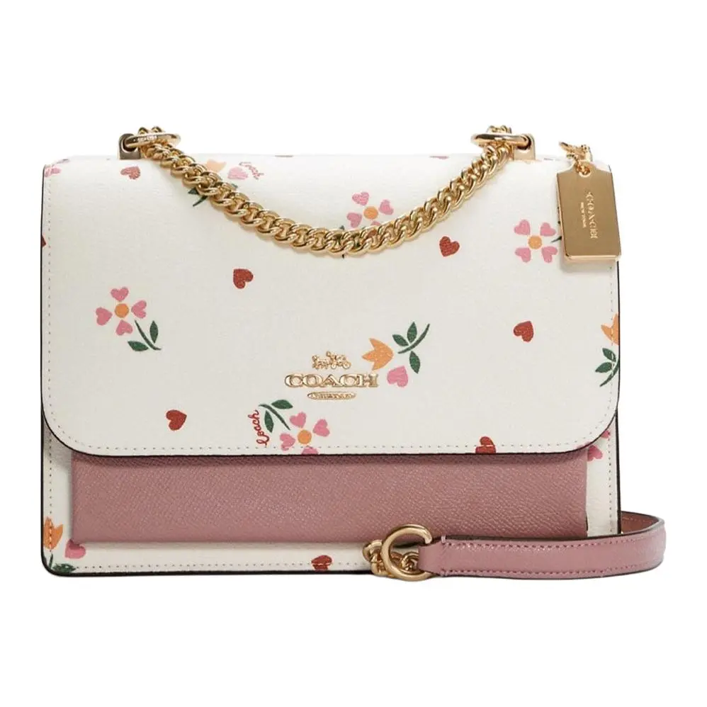 Coach Klare 22 Heart and Floral Print Flap Chain Bag – Coated Canvas and Leather Accordion Crossbody Handbag for Women – Pink and White