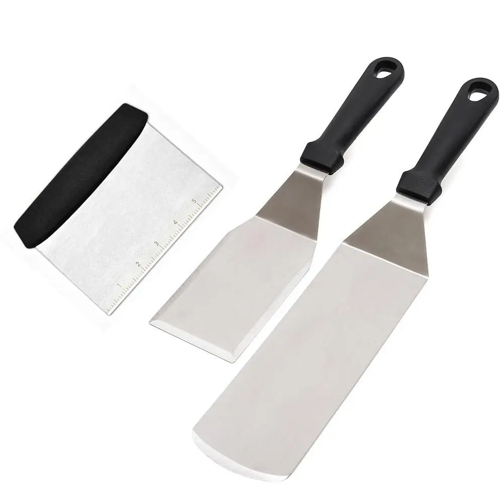 3pcs Stainless Steel Spatula and Scraper - Professional Chef Griddle Spatulas Set- Heavy Duty Accessories Great for Cast Iron BBQ Flat Top Grill Skillet Pan BBQ Tools Grilling Barbecue Accessories Barbecue Utensils