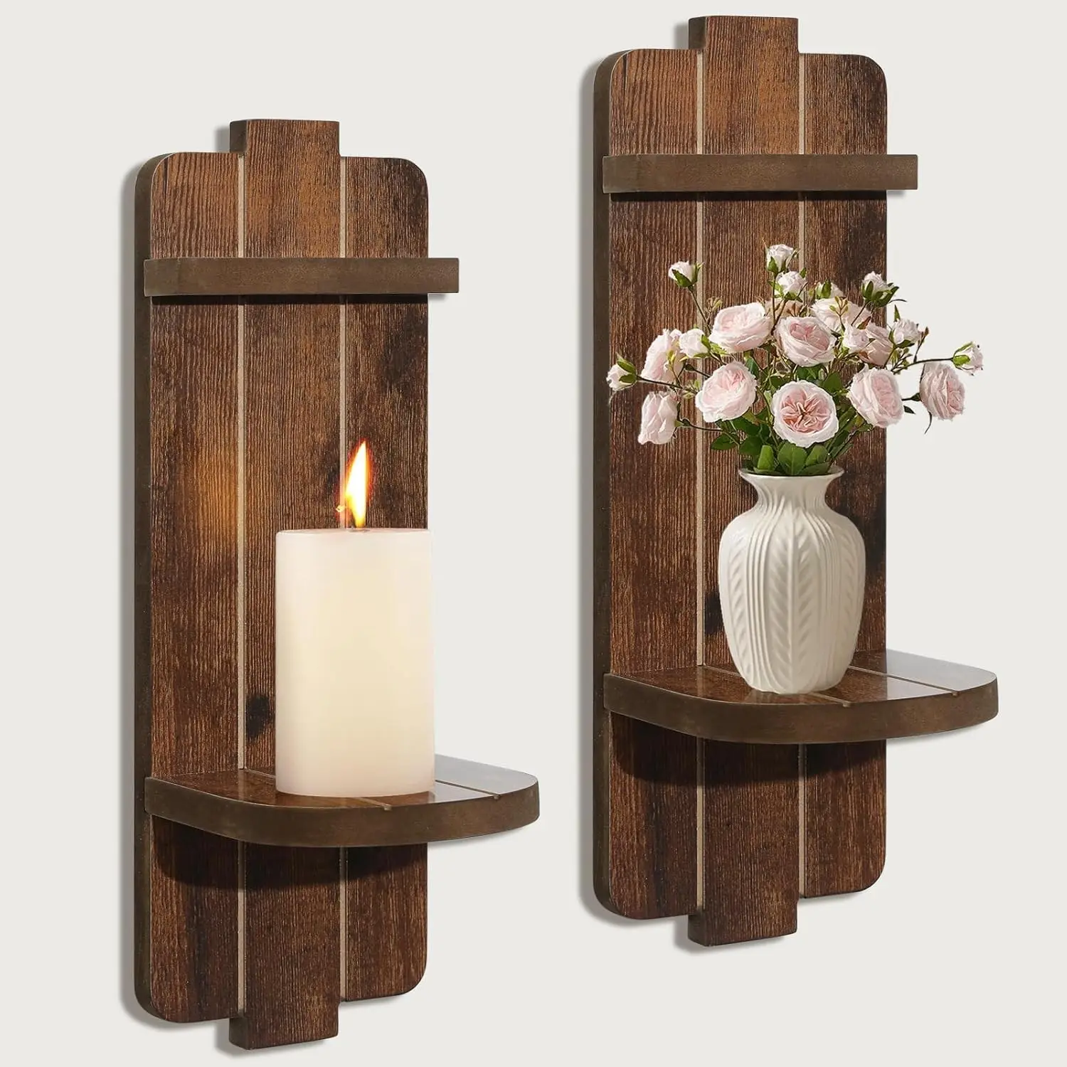Rustic Candle Holder Set of 2 – Vintage Brown Wooden Wall Sconces for Fireplace, Bedroom & Living Room – Farmhouse Wall Decor with Candle Shelf for Home, Aisle, Hallway