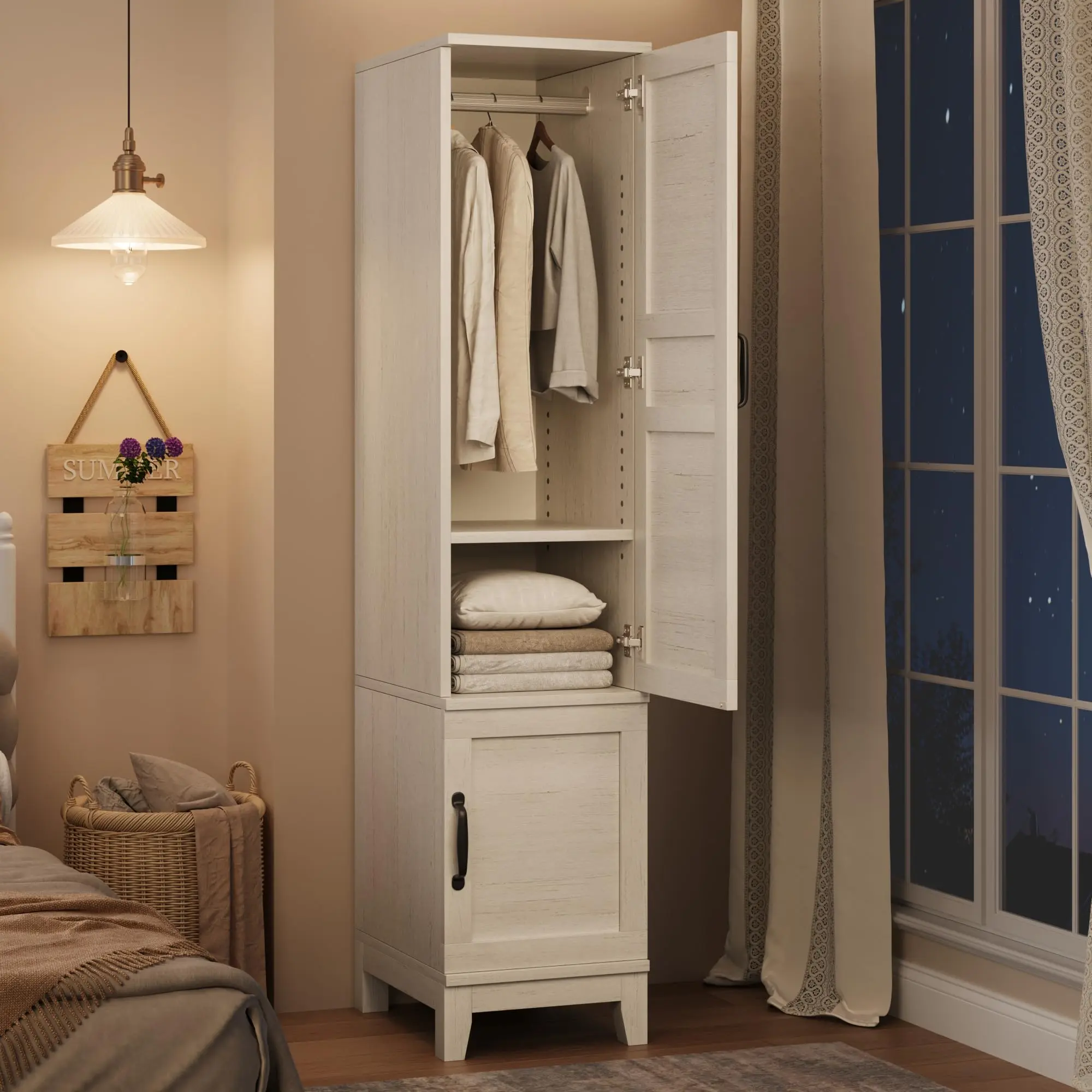 72" Height Farmhouse Style Home Solid Wood Wardrobe Armoire - Narrow Indoor Clothes Storage Cabinet with 2 Doors, Hanging Rod, 18 Adjustable Shelves, Easy Setup for Bedroom