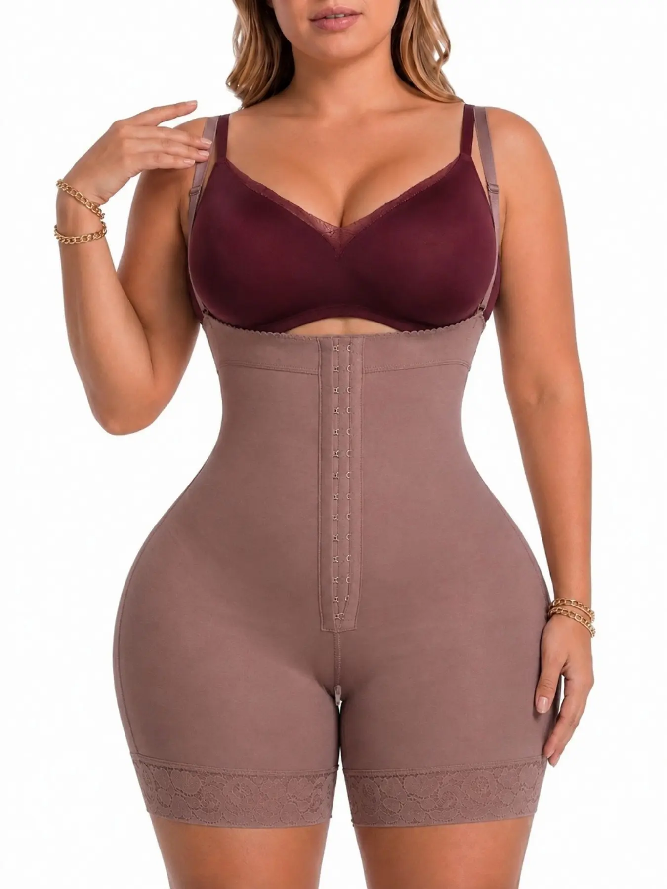 1 Count Women's Hooks Closure Design Body Shaper, Colombian Shapewear, Fajas, Compression Butt Lifting Hip Enhancer Support Bodysuit, Sexy Lace Trim Jumpsuit, Tummy Control Adjustable Thin Straps Shapewear, Suitable for Daily Wear & Yoga & Training