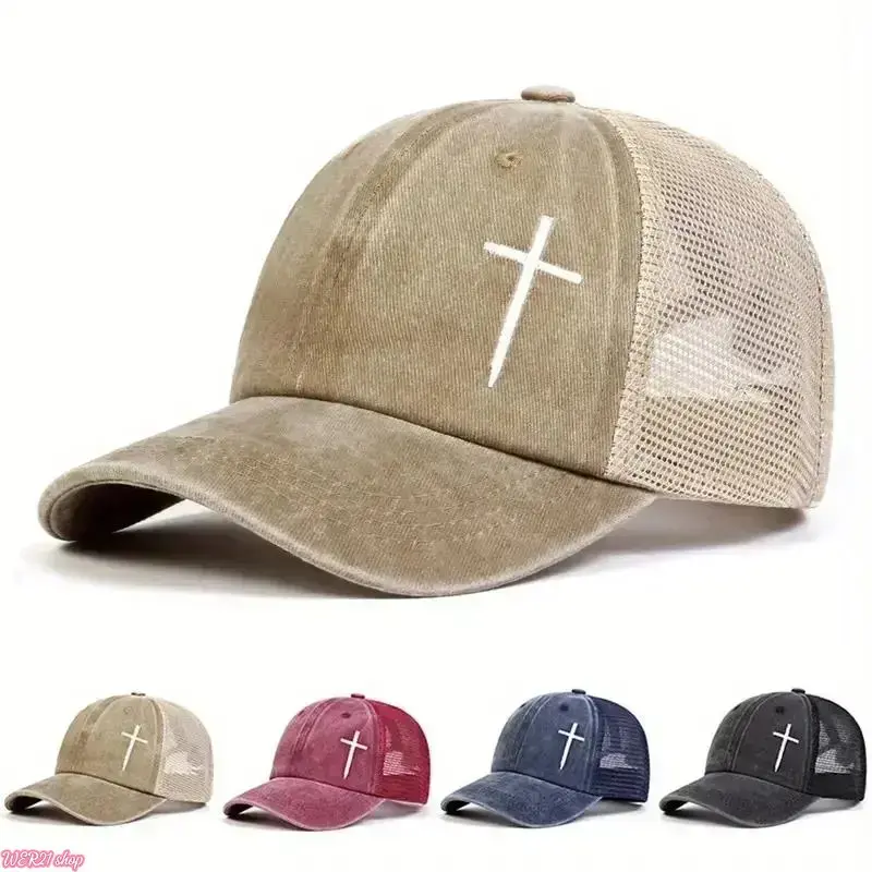 2026Vintage Christian Cross Embroidered Trucker Hat - Adjustable Mesh Sports & Outdoor Baseball Cap