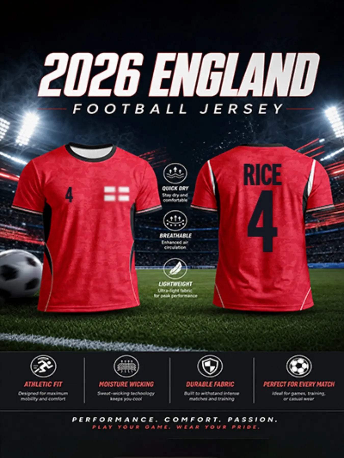 2026 England Modern Fan Football Jersey, Sports Jersey, Sport Top, Quick-Dry Breathable Lightweight Polyester Mesh, All-Over Print Slim Fit T-Shirt