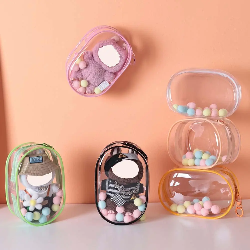 1Count Doll Clear Display Bag with Keychain, Portable Storage Case for Plushies, Mini Doll Hanging Box with Double Zipper Closure