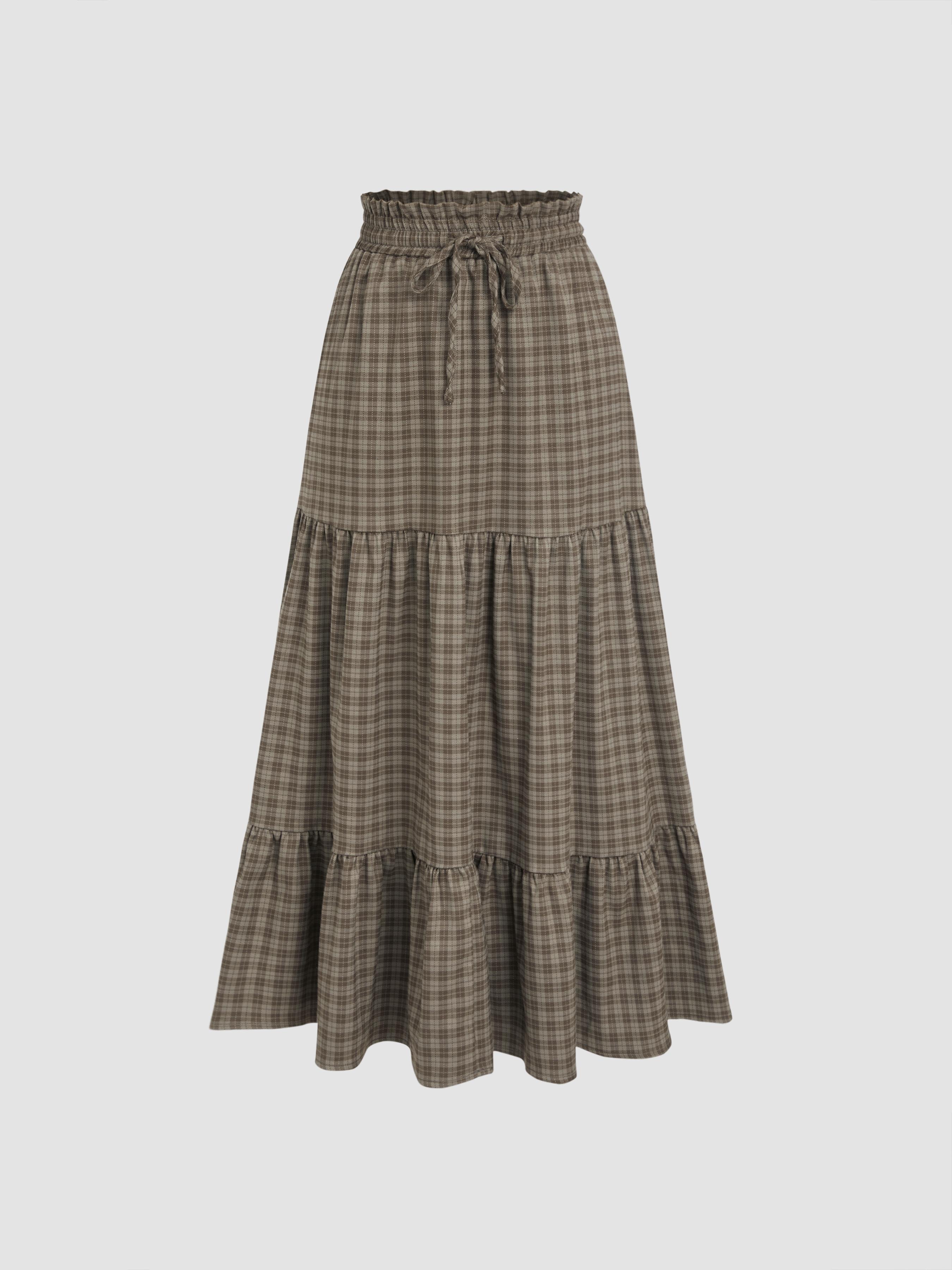 Cider [2 colors, size 2-26] Elastic Waist Check Knotted Tiered Maxi Skirt
