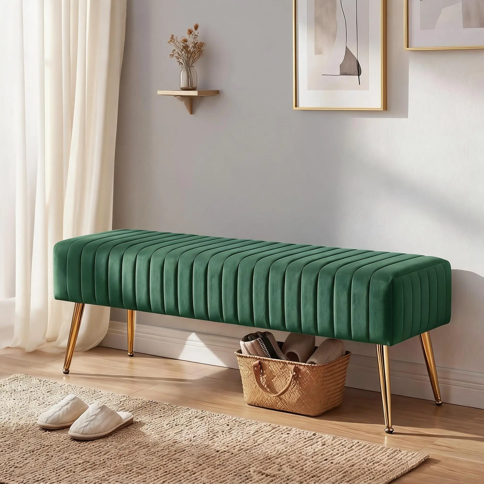 Dark Green Coquette Glam 44.75 in Tufted Velvet Ottoman Bench with Gold Iron Legs, 2-Seat Contemporary Upholstered Piece with Quick Setup, Multi-Purpose Shoe Changing Stool for Bedroom Entryway Home Decor Furniture