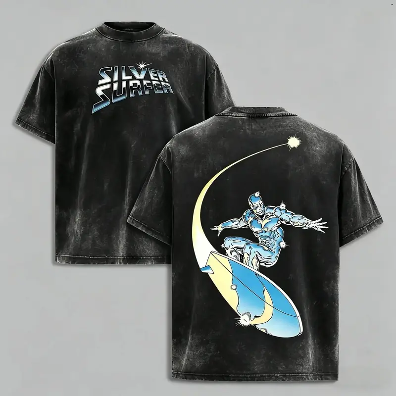 Silver Surfer Graphic T-Shirt for Men, Oversized Vintage Washed Pure Cotton Tee, Casual Short Sleeve Streetwear Top, Breathable and Machine Washable