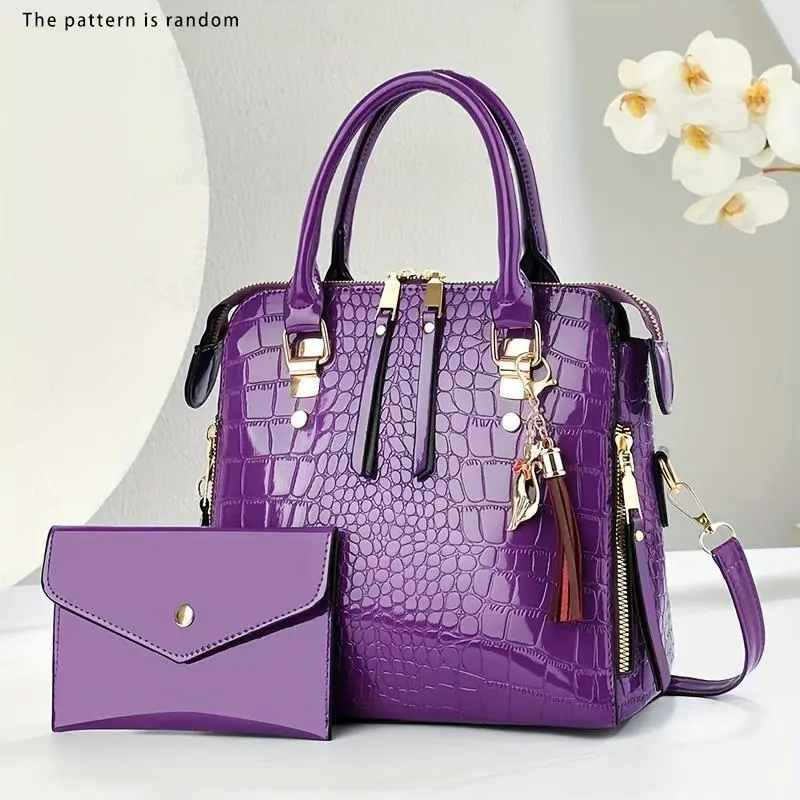 Women's Fashionable Handbag, Elegant Casual Crocodile Embossed Leather Satchel with Tassel, 2-Piece Large Capacity Crossbody & Wallet Set, Elegant Casual Handbag